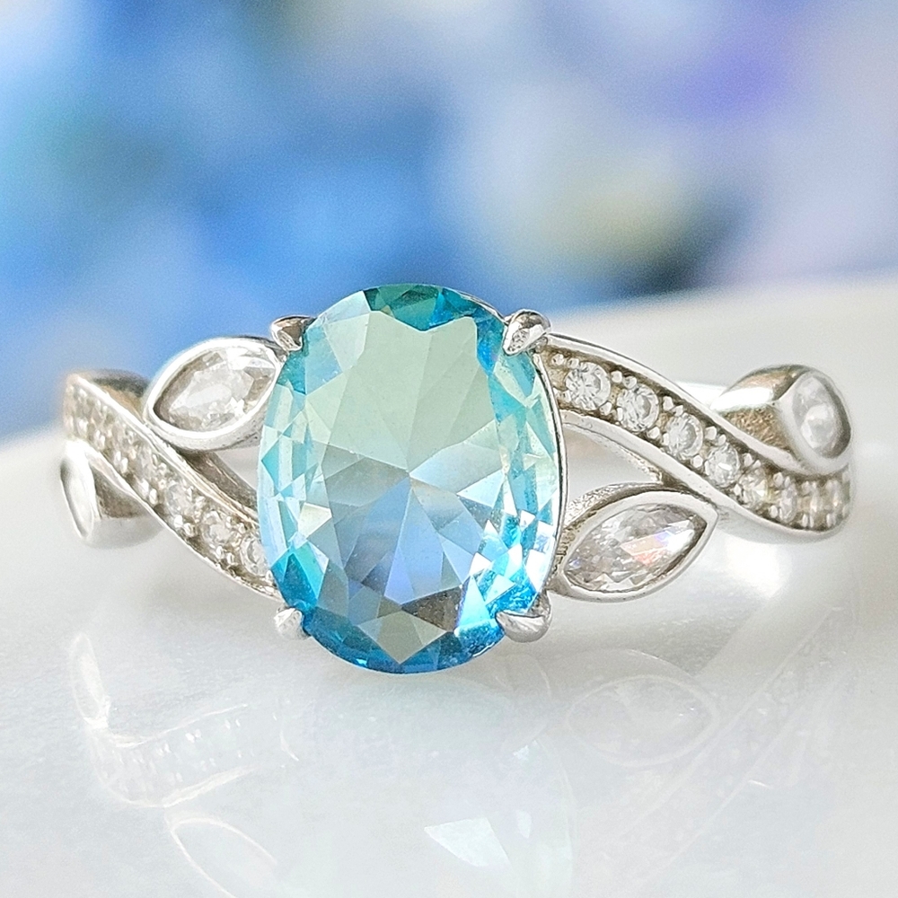 Blue & Teal Tourmaline Oval Ring, 925 Sterling Silver Charmed Aroma